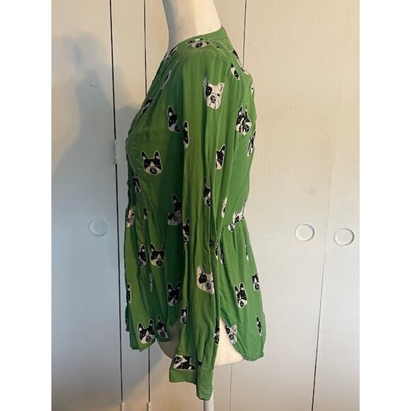 Maeve Size 2 Women's Long Sleeve Blouse Green w/ Bull Dogs - Picture 3 of 6